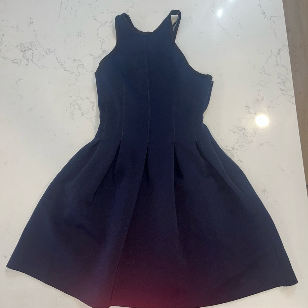 Alexander Wang Navy Blue Black Pleated Neoprene Scuba Mini Racerback Dress sz XS